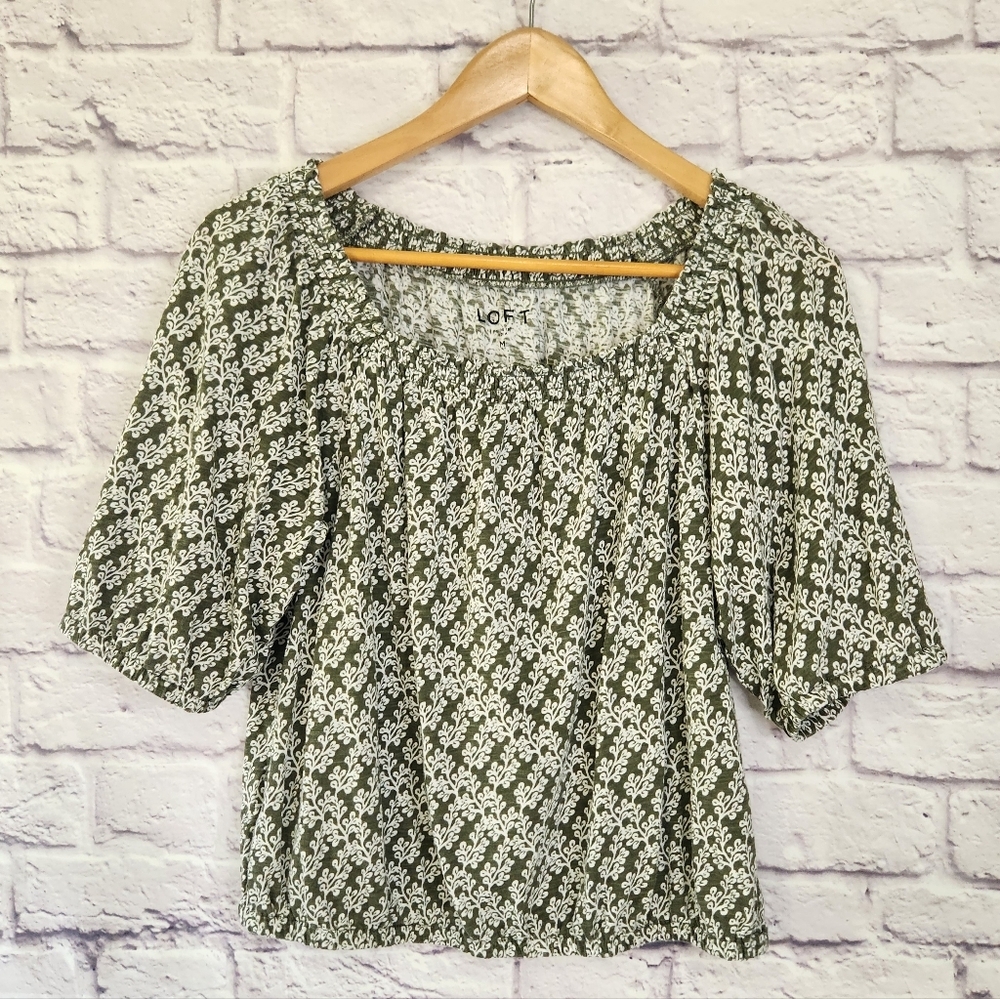 LOFT 100% Cotton Boho Peasant Top Green & Ivory Womens Sz Medium